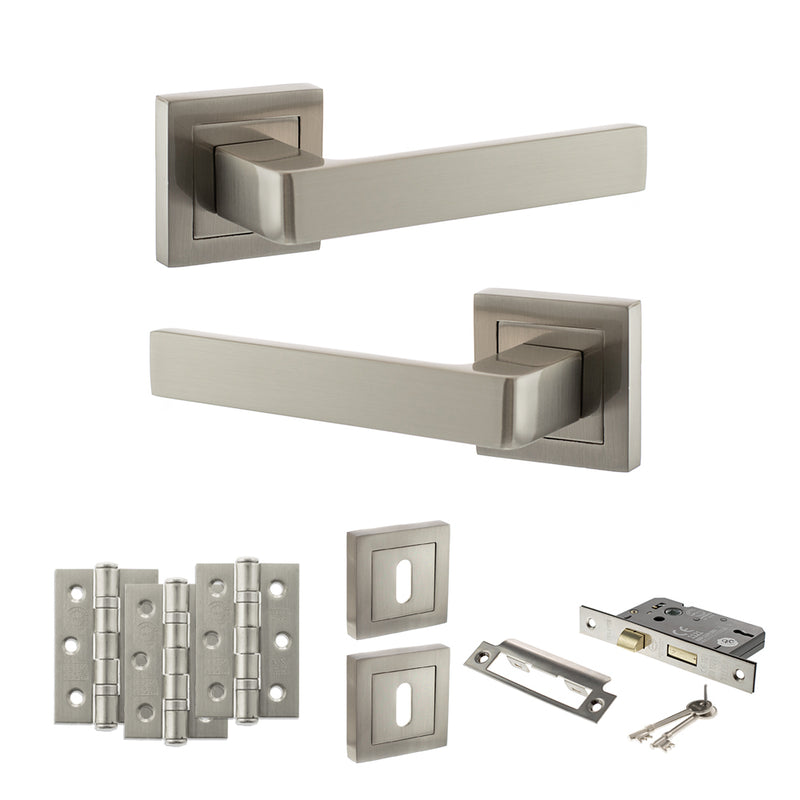 STATUS Montana Door Handle Pack (3 Lever Lock Set - 2.5" CE Sashlock, 3" Fire Rated Hinges x3) - Satin Nickel