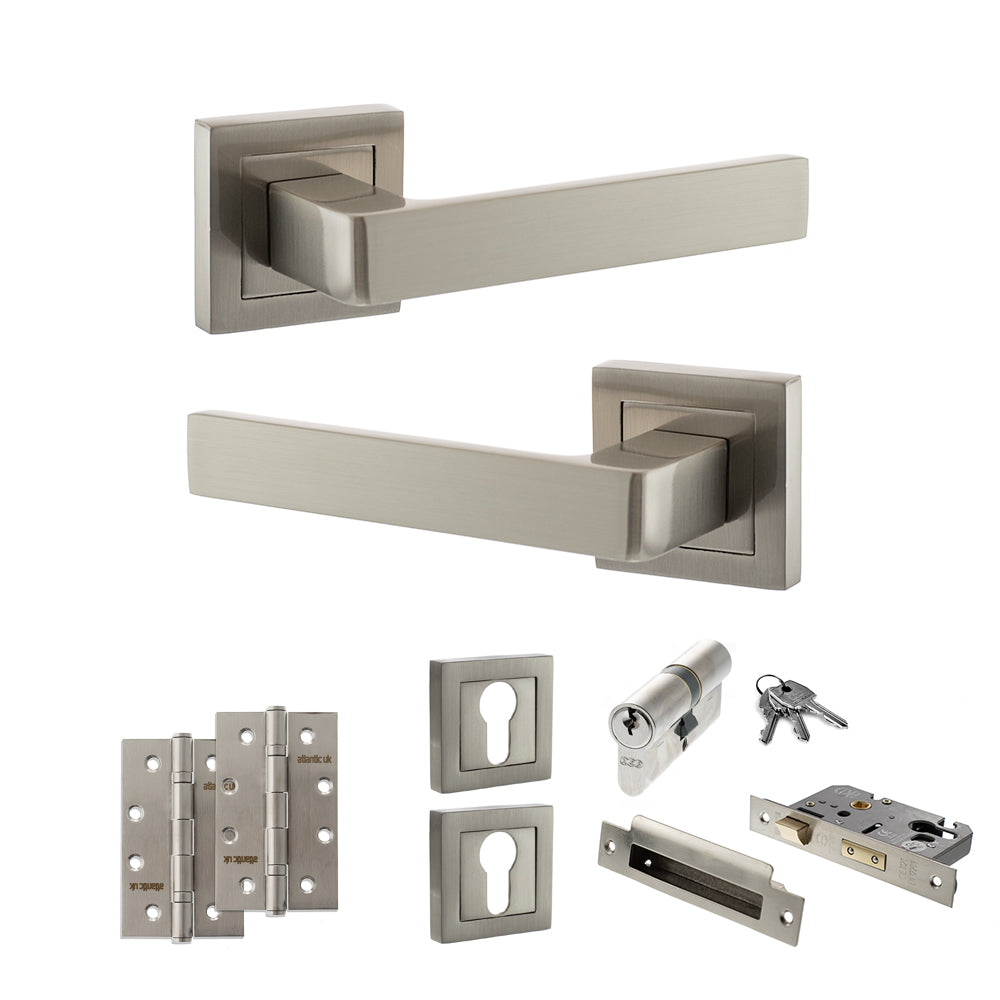 STATUS Montana Door Handle Pack (Euro Lock Set - 3" CE Sashlock, 4" Slim Knuckle Hinges x2) - Satin Nickel