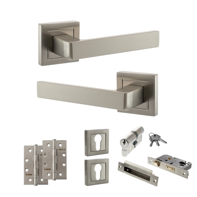STATUS Montana Door Handle Pack (Euro Lock Set - 3" CE Sashlock, 4" Slim Knuckle Hinges x2) - Satin Nickel