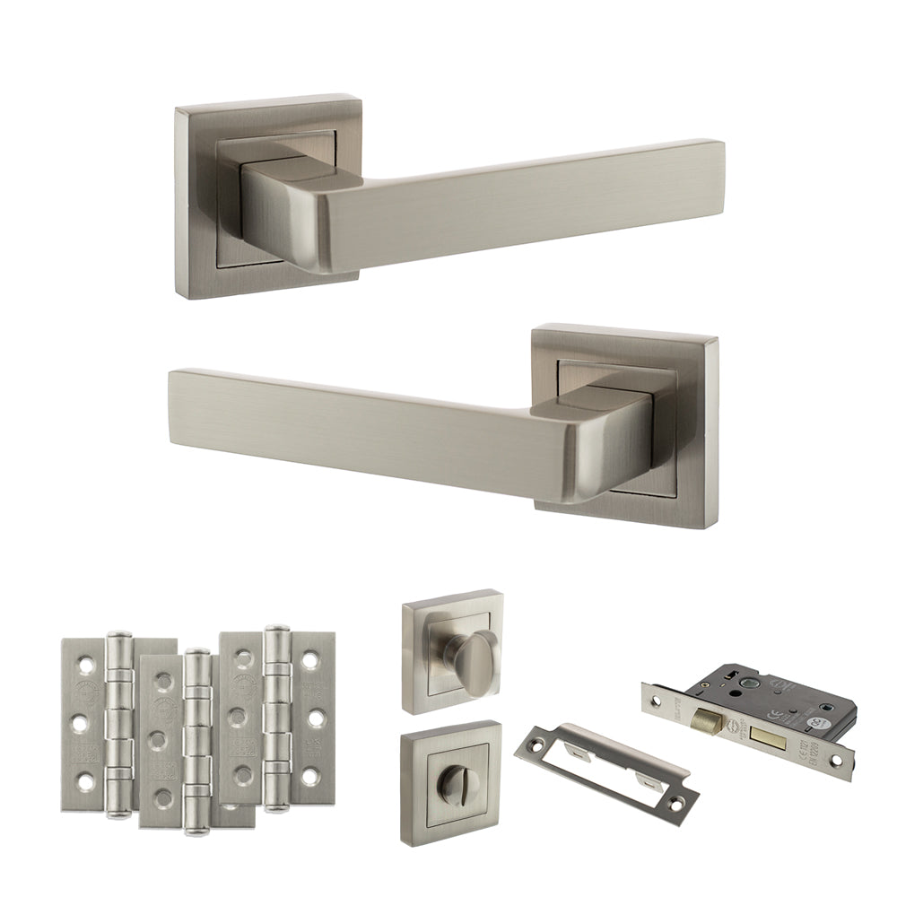 STATUS Montana Door Handle Pack (Bathroom Set - 3" CE Bathroom Lock, 3" Premium Hinges x3) - Satin Nickel