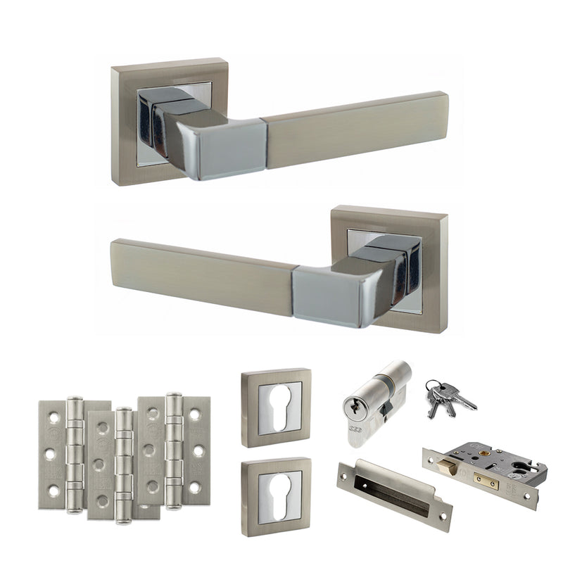 STATUS Montana Door Handle Pack (Euro Lock Set - 3" CE Sashlock, 3" Premium Hinges x3) - Satin Nickel/Polished Chrome