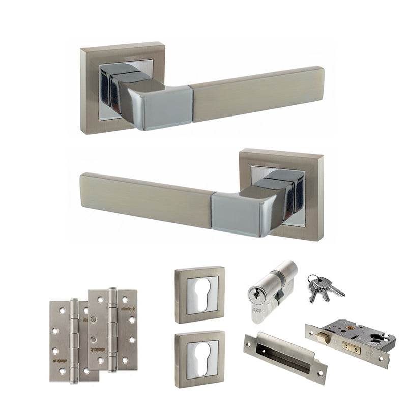 STATUS Montana Door Handle Pack (Euro Lock Set - 3" CE Sashlock, 4" Slim Knuckle Hinges x2) - Satin Nickel/Polished Chrome