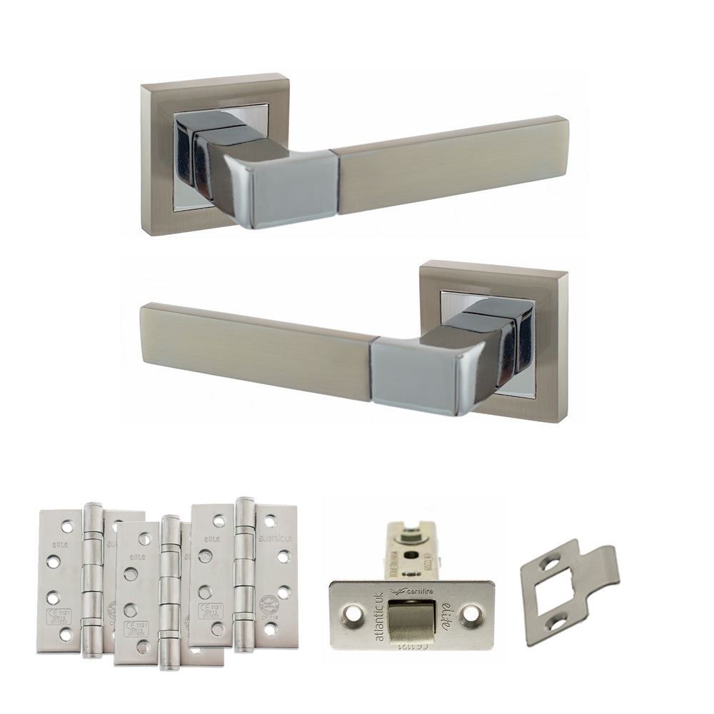 STATUS Montana Door Handle Pack (Latch Set - 2.5" CE Latch, 4" Fire Rated Hinges x3) - Satin Nickel/Polished Chrome