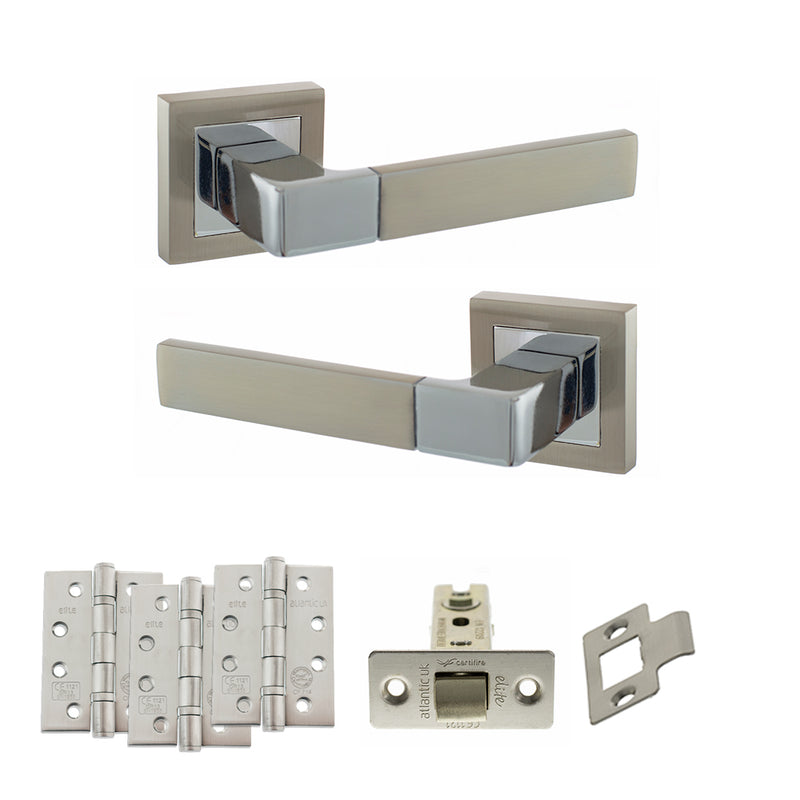 STATUS Montana Door Handle Pack (Latch Set - 2.5" CE Latch, 4" Fire Rated Hinges x3) - Satin Nickel/Polished Chrome