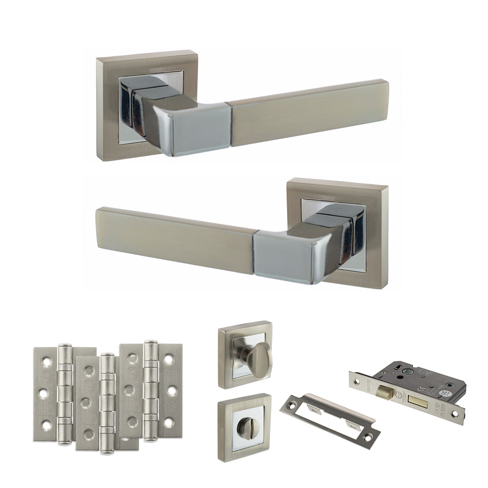 STATUS Montana Door Handle Pack (Bathroom Set - 2.5" CE Bathroom Lock, 3" Premium Hinges x3) - Satin Nickel/Polished Chrome