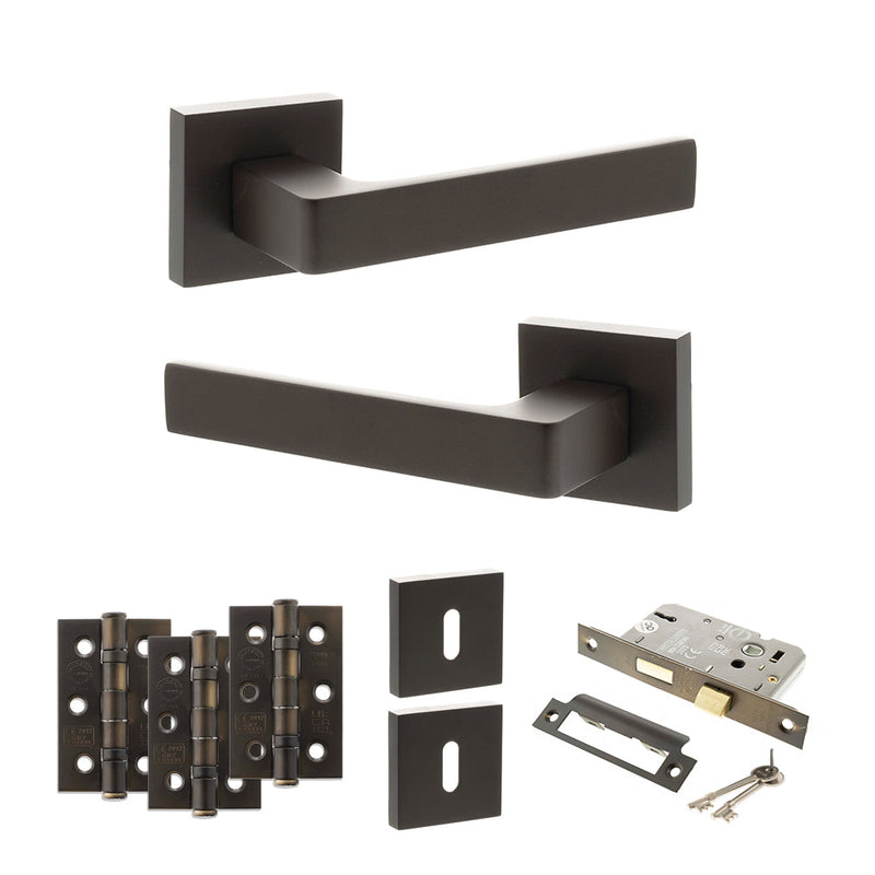 STATUS Montana Door Handle Pack (3 Lever Lock Set - 2.5" CE Sashlock, 3" Fire Rated Hinges x3) - Urban Dark Bronze