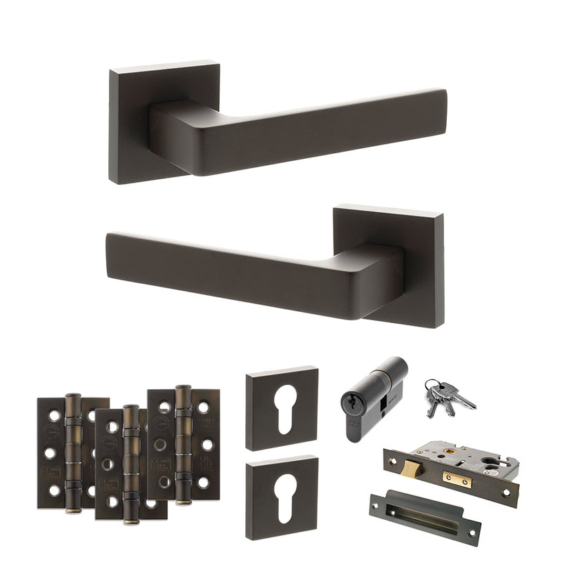 STATUS Montana Door Handle Pack (Euro Lock Set - 2.5" CE Sashlock, 3" Premium Hinges x3) - Urban Dark Bronze