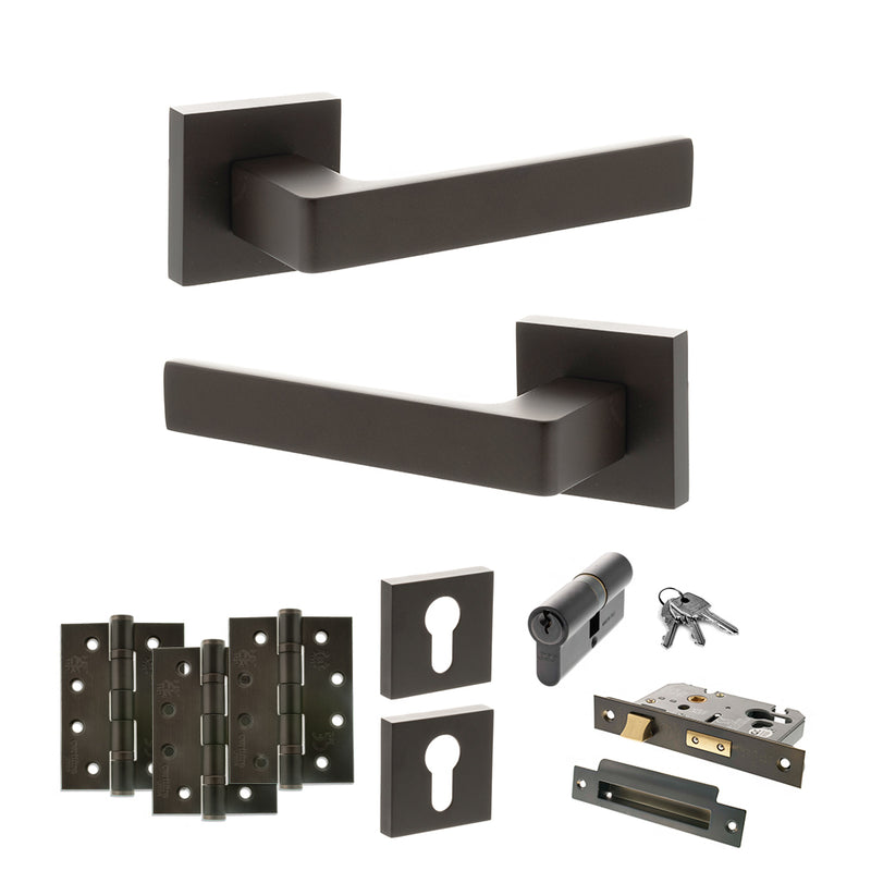 STATUS Montana Door Handle Pack (Euro Lock Set - 3" CE Sashlock, 4" Fire Rated Hinges x3) - Urban Dark Bronze