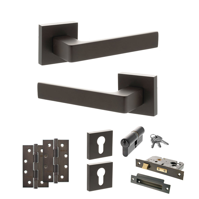 STATUS Montana Door Handle Pack (Euro Lock Set - 3" CE Sashlock, 4" Slim Knuckle Hinges x2) - Urban Dark Bronze