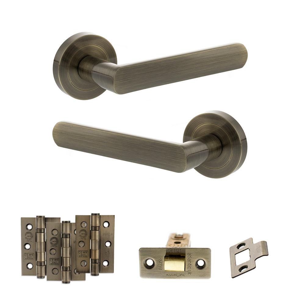 STATUS Carolina Door Handle Pack (Latch Set - 2.5" CE Latch, 3" Premium Hinges x3) - Antique Brass