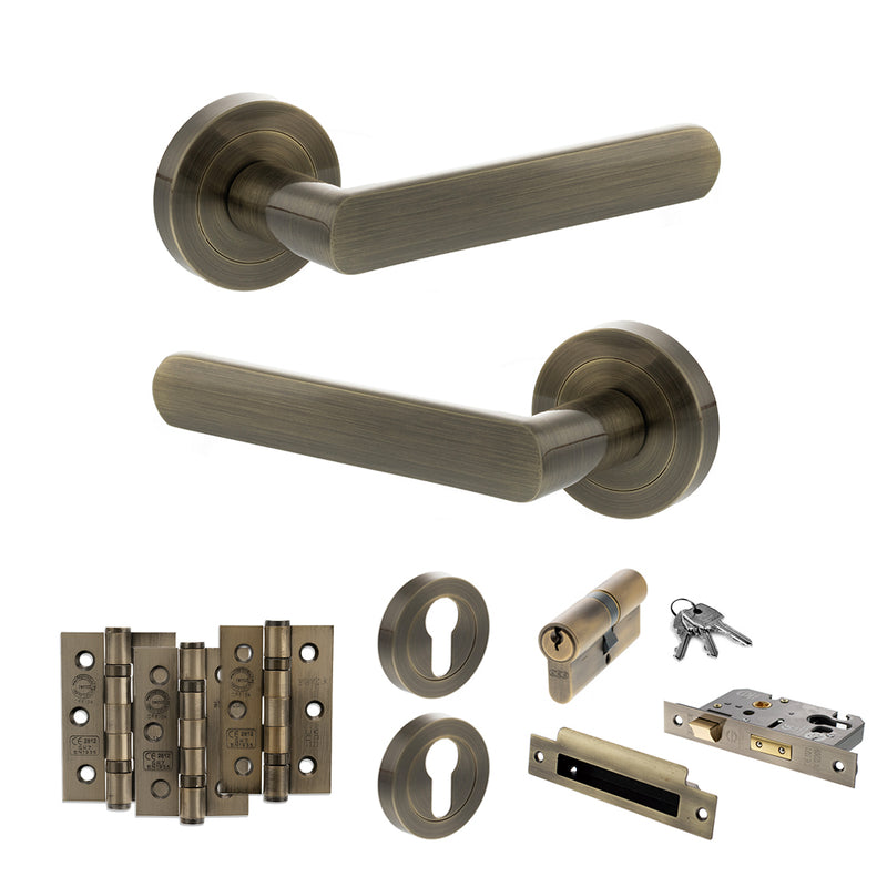 STATUS Carolina Door Handle Pack (Euro Lock Set - 3" CE Sashlock, 3" Premium Hinges x3) - Antique Brass