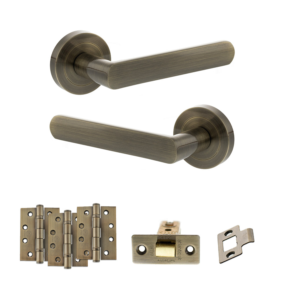 STATUS Carolina Door Handle Pack (Latch Set - 2.5" CE Latch, 4" Fire Rated Hinges x3) - Antique Brass