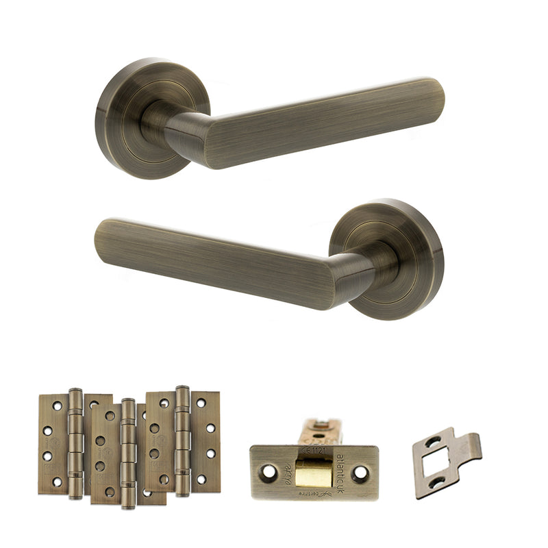 STATUS Carolina Door Handle Pack (Latch Set - 2.5" CE Latch, 4" Fire Rated Hinges x3) - Antique Brass