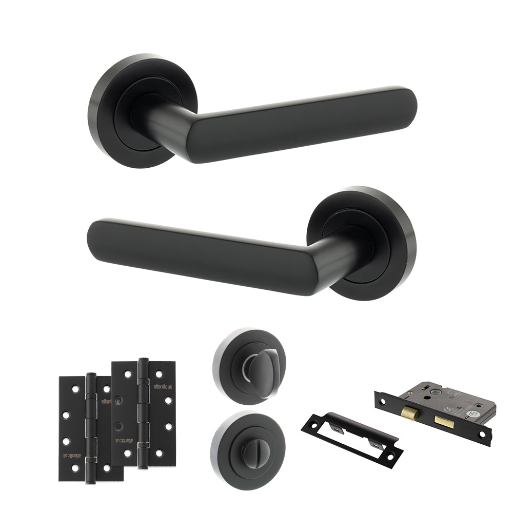 STATUS Carolina Door Handle Pack (Bathroom Set - 3" CE Bathroom Lock, 4" Slim Knuckle Hinges x2) - Matt Black