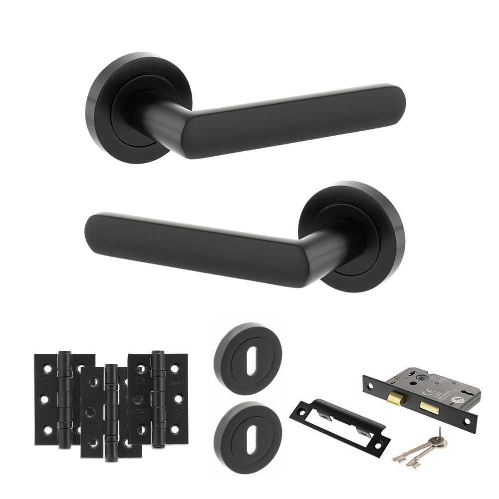 STATUS Carolina Door Handle Pack (3 Lever Lock Set - 2.5" CE Sashlock, 3" Premium Hinges x3) - Matt Black