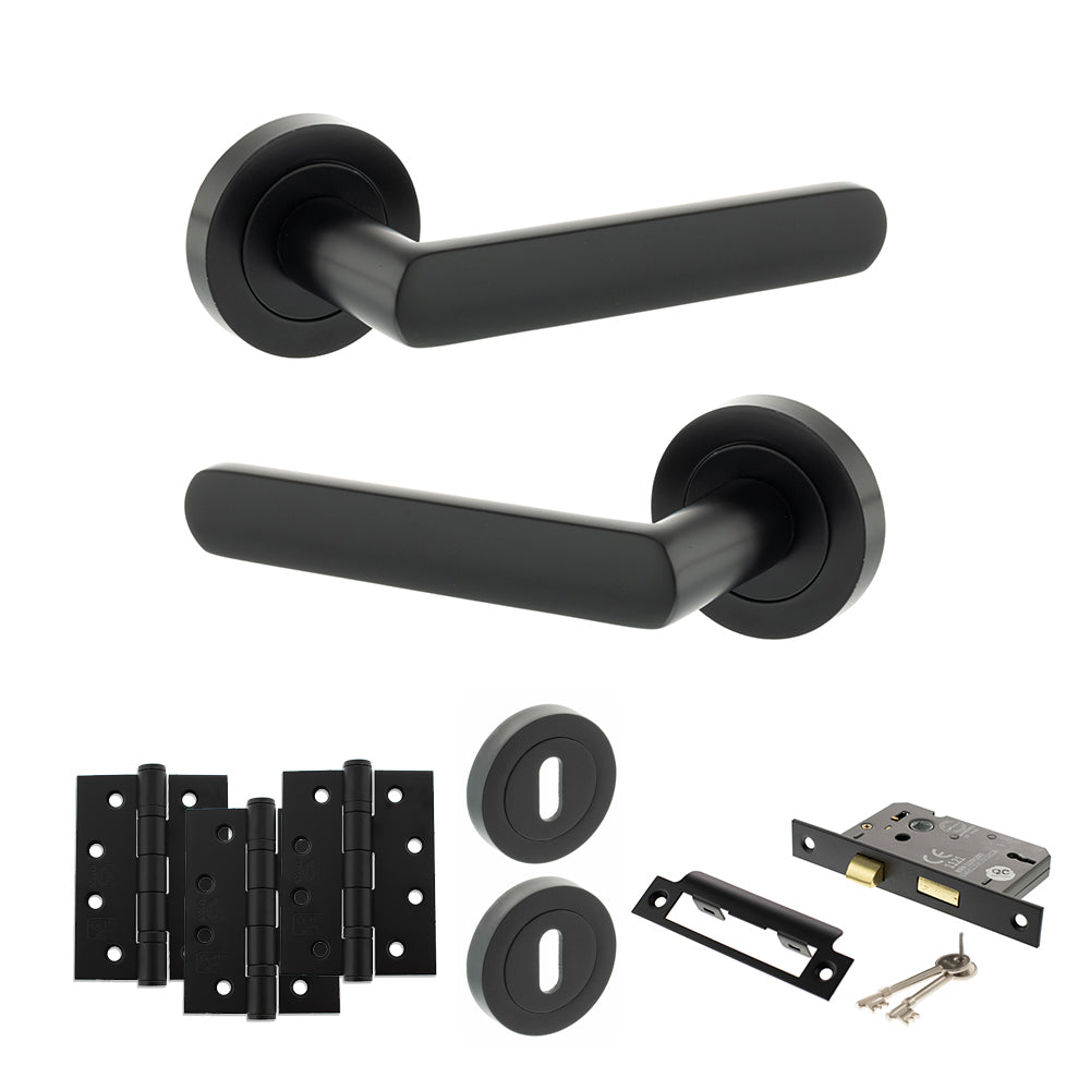 STATUS Carolina Door Handle Pack (3 Lever Lock Set - 3" CE Sashlock, 4" Fire Rated Hinges x3) - Matt Black