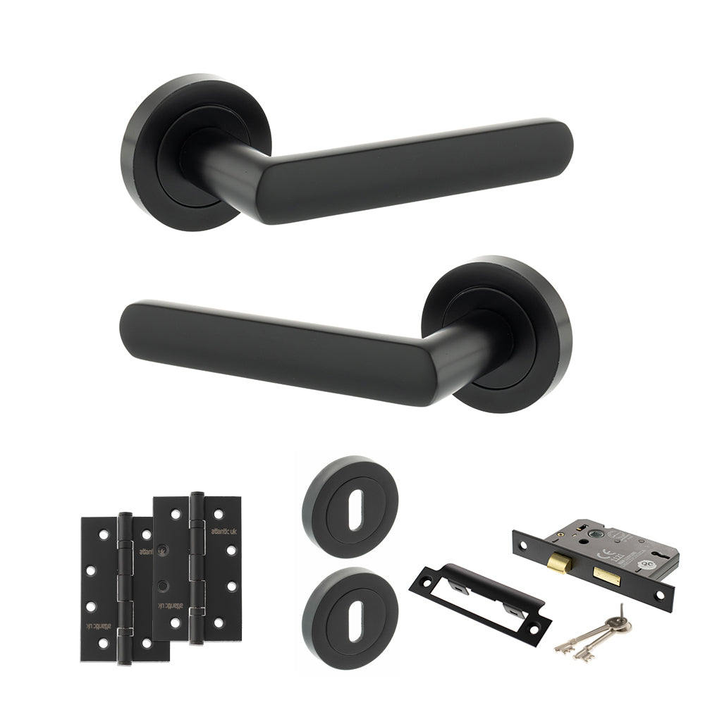 STATUS Carolina Door Handle Pack (3 Lever Lock Set - 2.5" CE Sashlock, 4" Slim Knuckle Hinges x2) - Matt Black