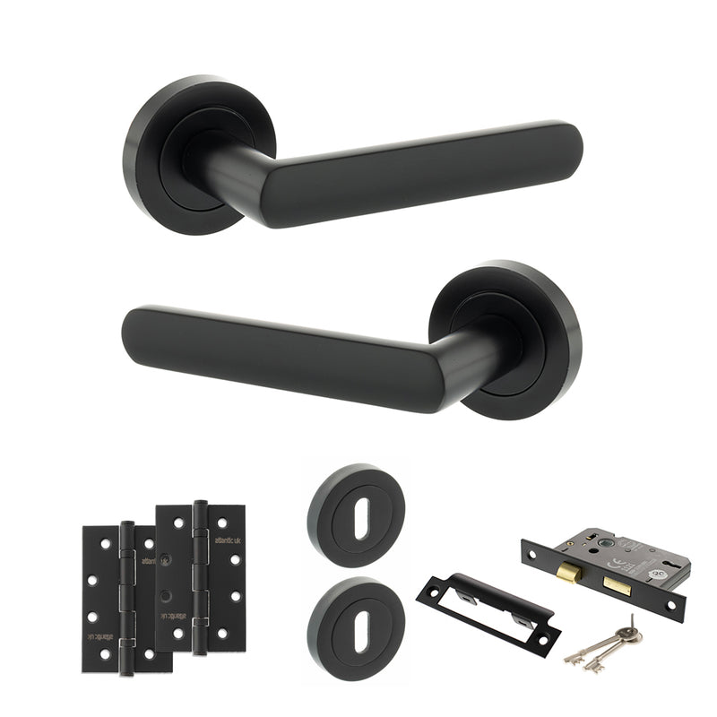 STATUS Carolina Door Handle Pack (3 Lever Lock Set - 2.5" CE Sashlock, 4" Slim Knuckle Hinges x2) - Matt Black