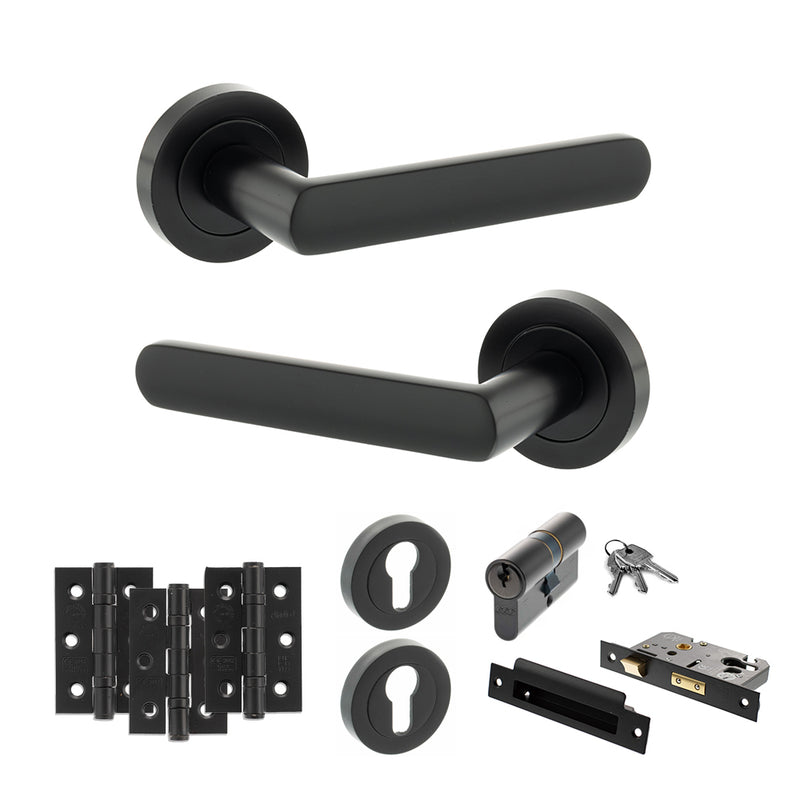 STATUS Carolina Door Handle Pack (Euro Lock Set - 3" CE Sashlock, 3" Fire Rated Hinges x3) - Matt Black