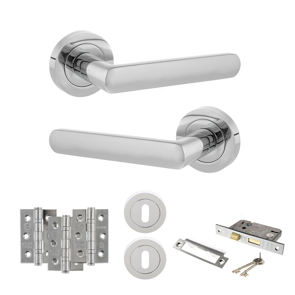 STATUS Carolina Door Handle Pack (3 Lever Lock Set - 3" CE Sashlock, 3" Premium Hinges x3) - Polished Chrome