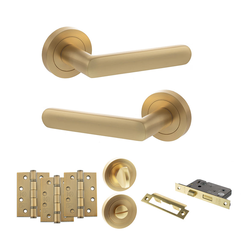 STATUS Carolina Door Handle Pack (Bathroom Set - 3" CE Bathroom Lock, 4" Fire Rated Hinges x3) - Satin Brass