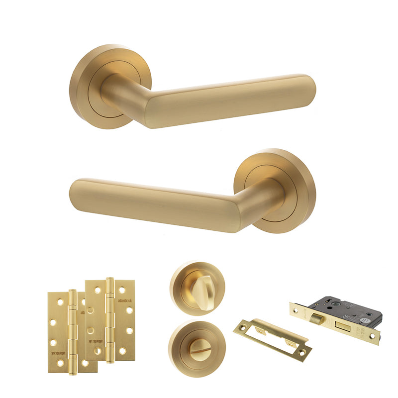 STATUS Carolina Door Handle Pack (Bathroom Set - 3" CE Bathroom Lock, 4" Slim Knuckle Hinges x2) - Satin Brass