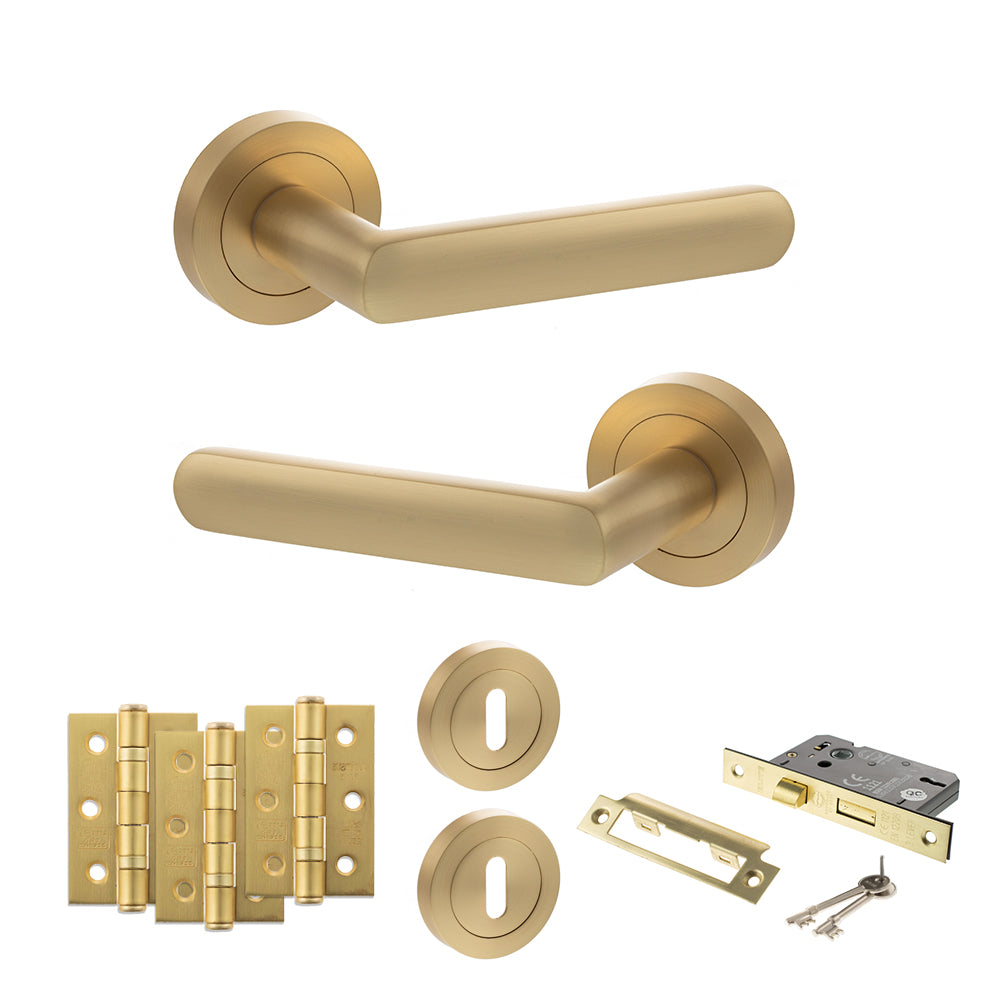 STATUS Carolina Door Handle Pack (3 Lever Lock Set - 2.5" CE Sashlock, 3" Premium Hinges x3) - Satin Brass