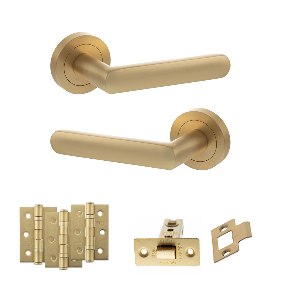 STATUS Carolina Door Handle Pack (Latch Set - 2.5" CE Latch, 3" Premium Hinges x3) - Satin Brass