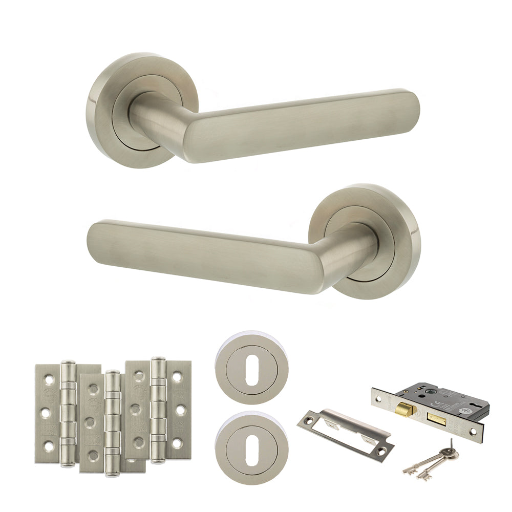 STATUS Carolina Door Handle Pack (3 Lever Lock Set - 2.5" CE Sashlock, 3" Premium Hinges x3) - Satin Nickel