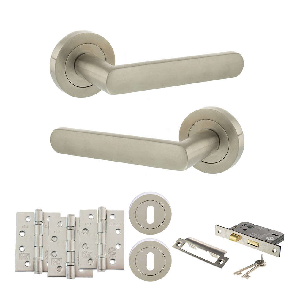 STATUS Carolina Door Handle Pack (3 Lever Lock Set - 2.5" CE Sashlock, 4" Fire Rated Hinges x3) - Satin Nickel