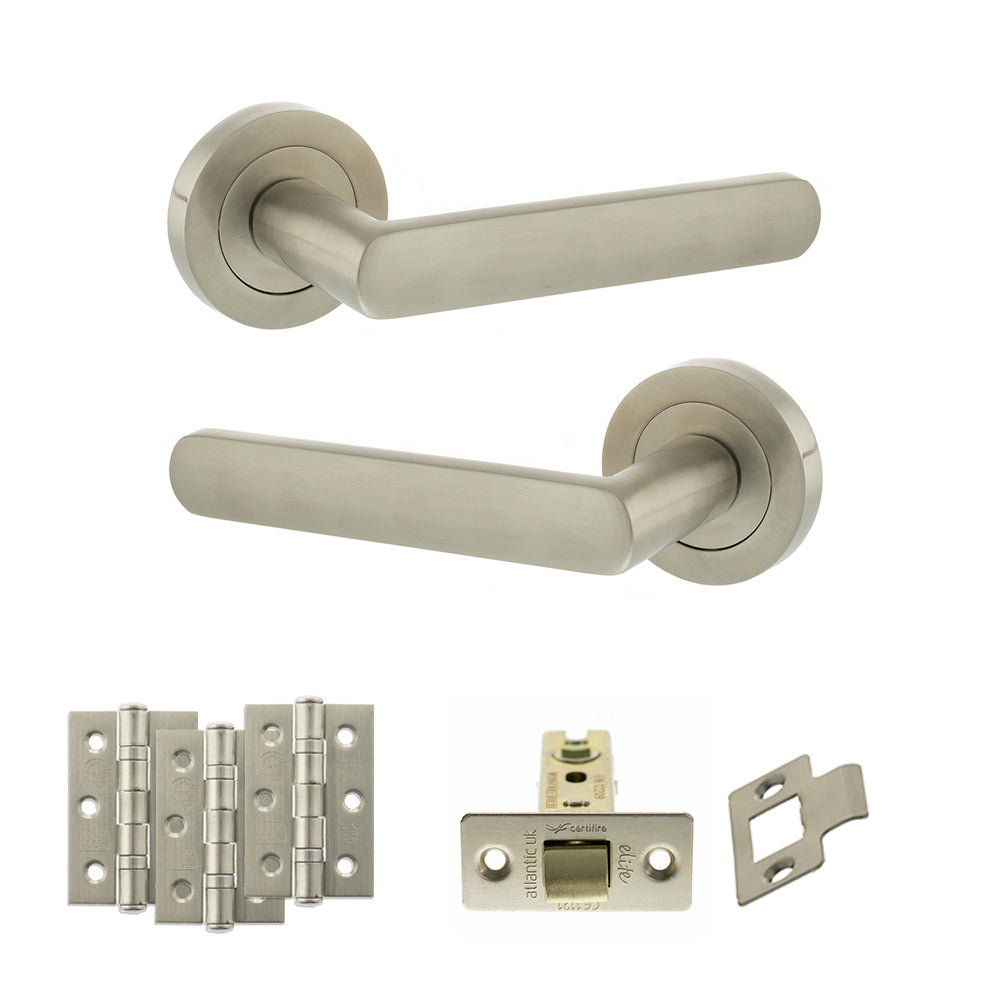 STATUS Carolina Door Handle Pack (Latch Set - 2.5" CE Latch, 3" Premium Hinges x3) - Satin Nickel