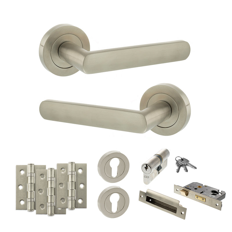 STATUS Carolina Door Handle Pack (Euro Lock Set - 3" CE Sashlock, 3" Premium Hinges x3) - Satin Nickel