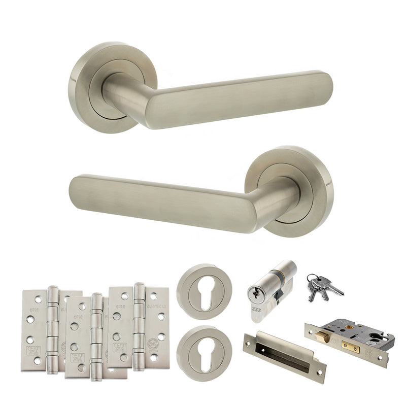 STATUS Carolina Door Handle Pack (Euro Lock Set - 2.5" CE Sashlock, 4" Fire Rated Hinges x3) - Satin Nickel