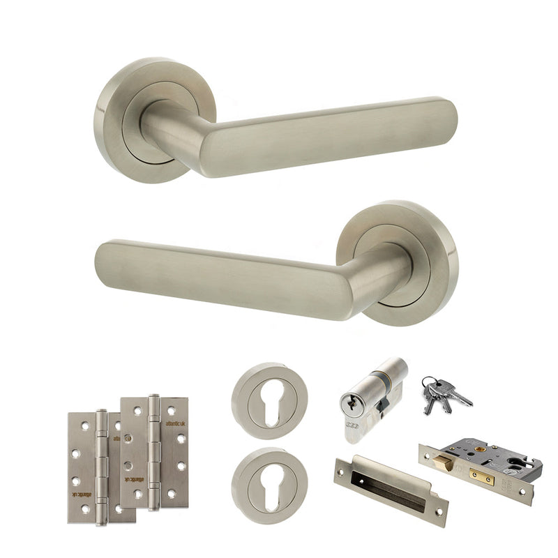 STATUS Carolina Door Handle Pack (Euro Lock Set - 2.5" CE Sashlock, 4" Slim Knuckle Hinges x2) - Satin Nickel