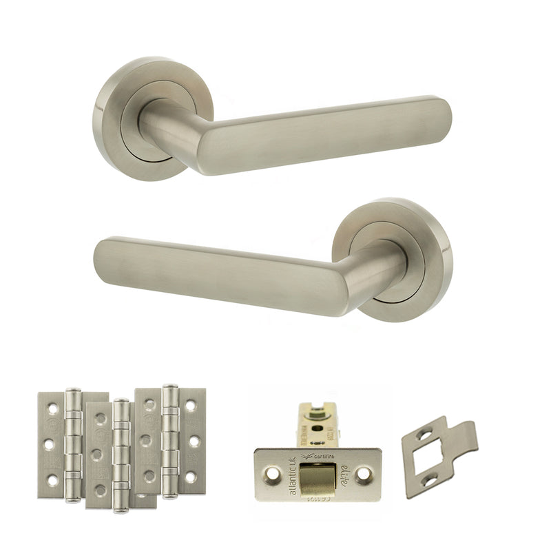 STATUS Carolina Door Handle Pack (Latch Set - 3" CE Latch, 3" Fire Rated Hinges x3) - Satin Nickel