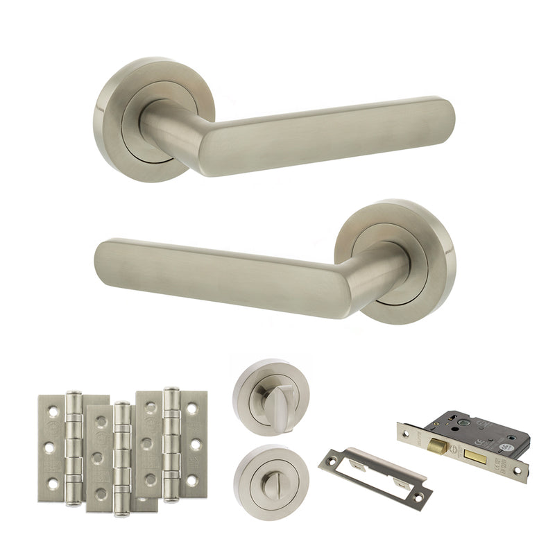 STATUS Carolina Door Handle Pack (Bathroom Set - 2.5" CE Bathroom Lock, 3" Premium Hinges x3) - Satin Nickel