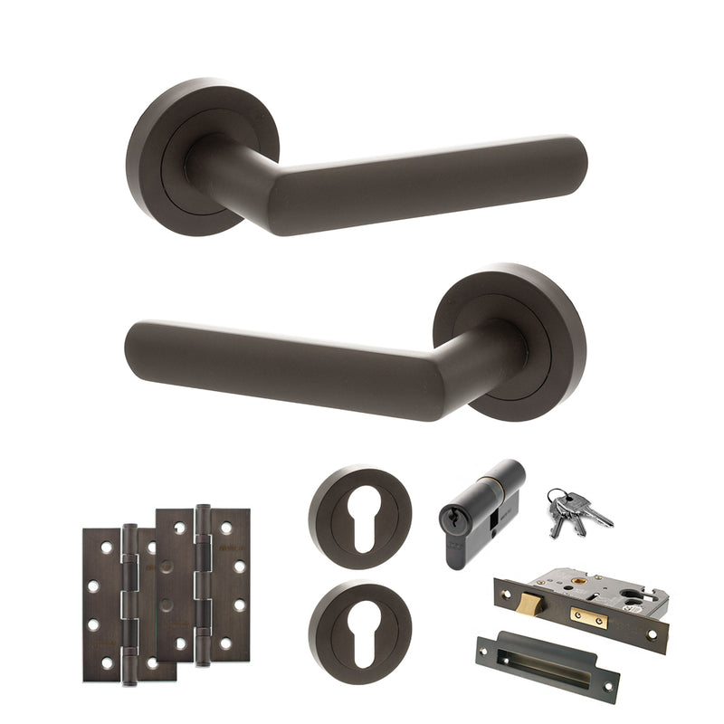 STATUS Carolina Door Handle Pack (Euro Lock Set - 2.5" CE Sashlock, 4" Slim Knuckle Hinges x2) - Urban Dark Bronze