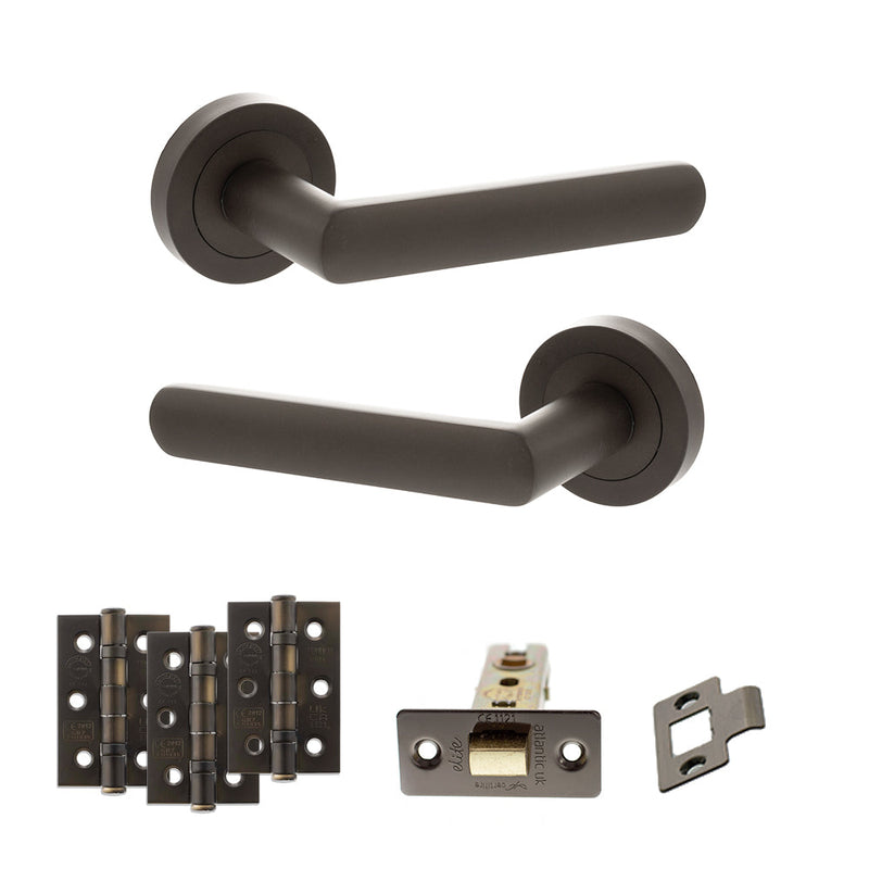 STATUS Carolina Door Handle Pack (Latch Set - 3" CE Latch, 3" Fire Rated Hinges x3) - Urban Dark Bronze