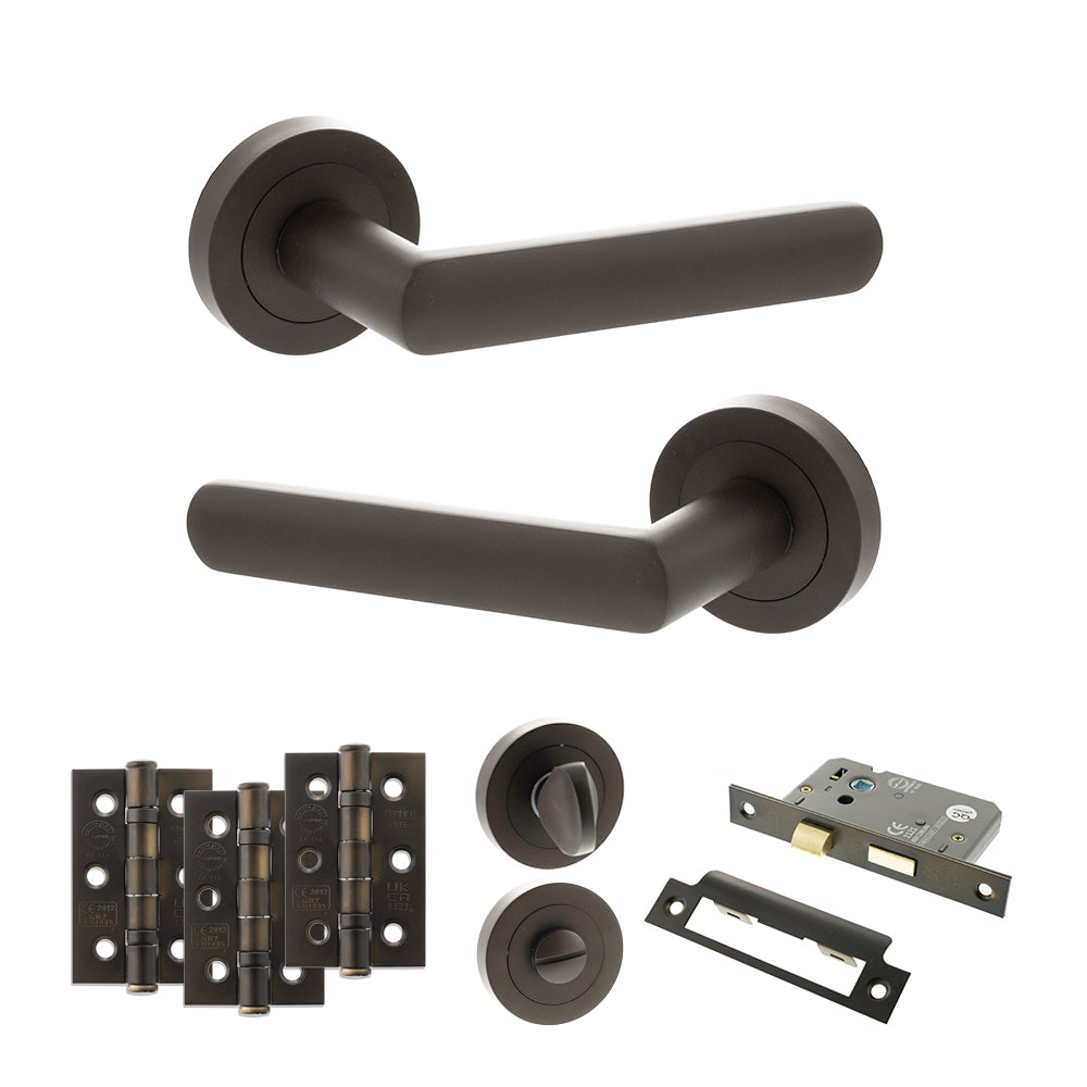 STATUS Carolina Door Handle Pack (Bathroom Set - 2.5" CE Bathroom Lock, 3" Premium Hinges x3) - Urban Dark Bronze