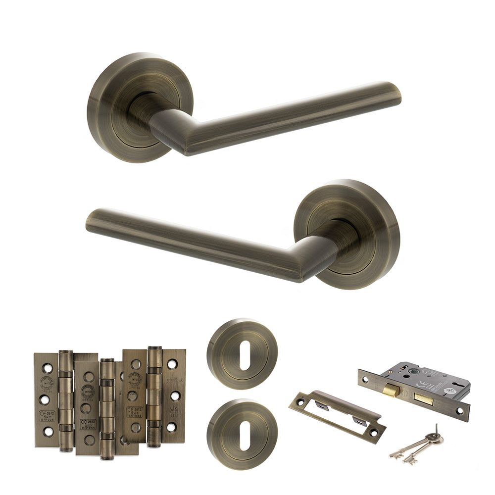 STATUS Alabama Door Handle Pack (3 Lever Lock Set - 2.5" CE Sashlock, 3" Premium Hinges x3) - Antique Brass