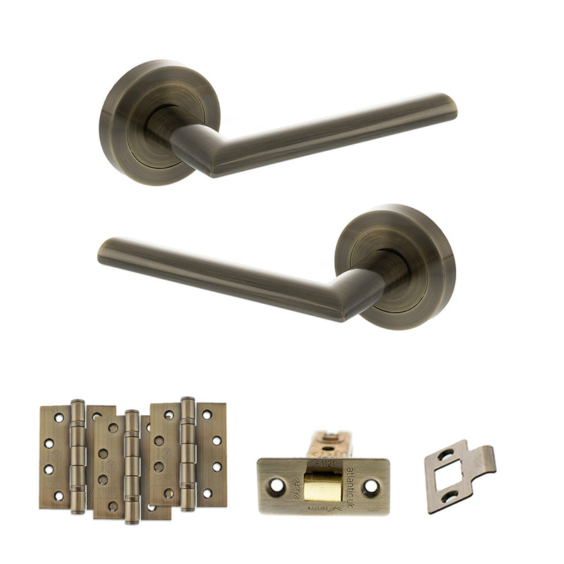 STATUS Alabama Door Handle Pack (Latch Set - 3" CE Latch, 4" Fire Rated Hinges x3) - Antique Brass