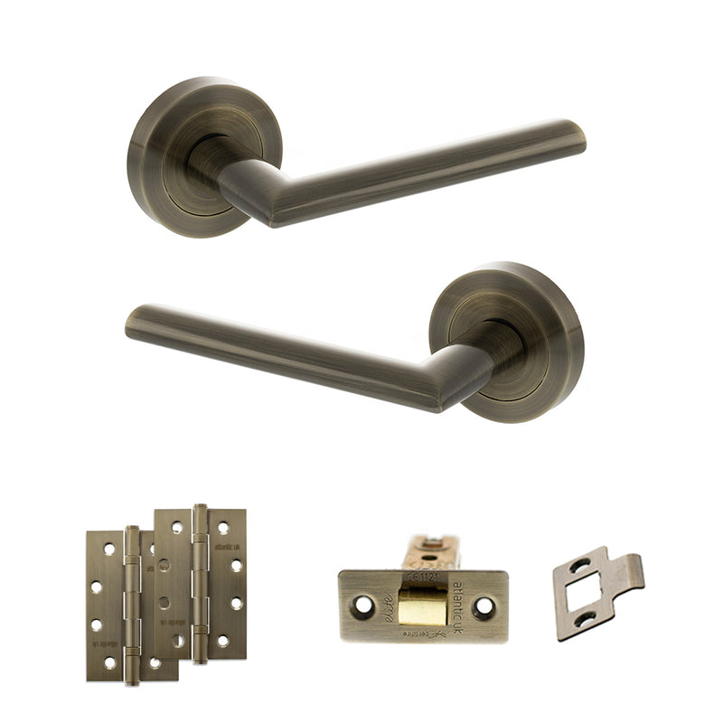STATUS Alabama Door Handle Pack (Latch Set - 3" CE Latch, 4" Slim Knuckle Hinges x2) - Antique Brass
