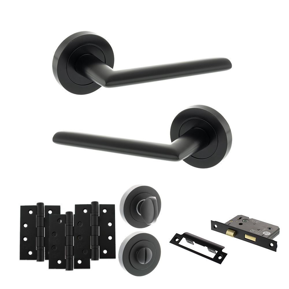STATUS Alabama Door Handle Pack (Bathroom Set - 2.5" CE Bathroom Lock, 4" Fire Rated Hinges x3) - Matt Black