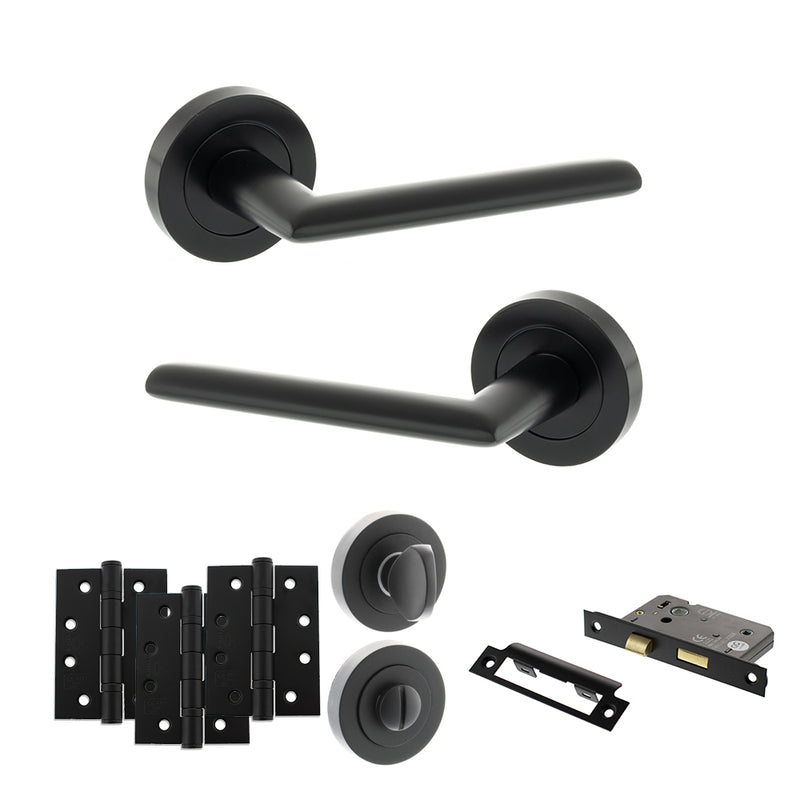 STATUS Alabama Door Handle Pack (Bathroom Set - 2.5" CE Bathroom Lock, 4" Fire Rated Hinges x3) - Matt Black