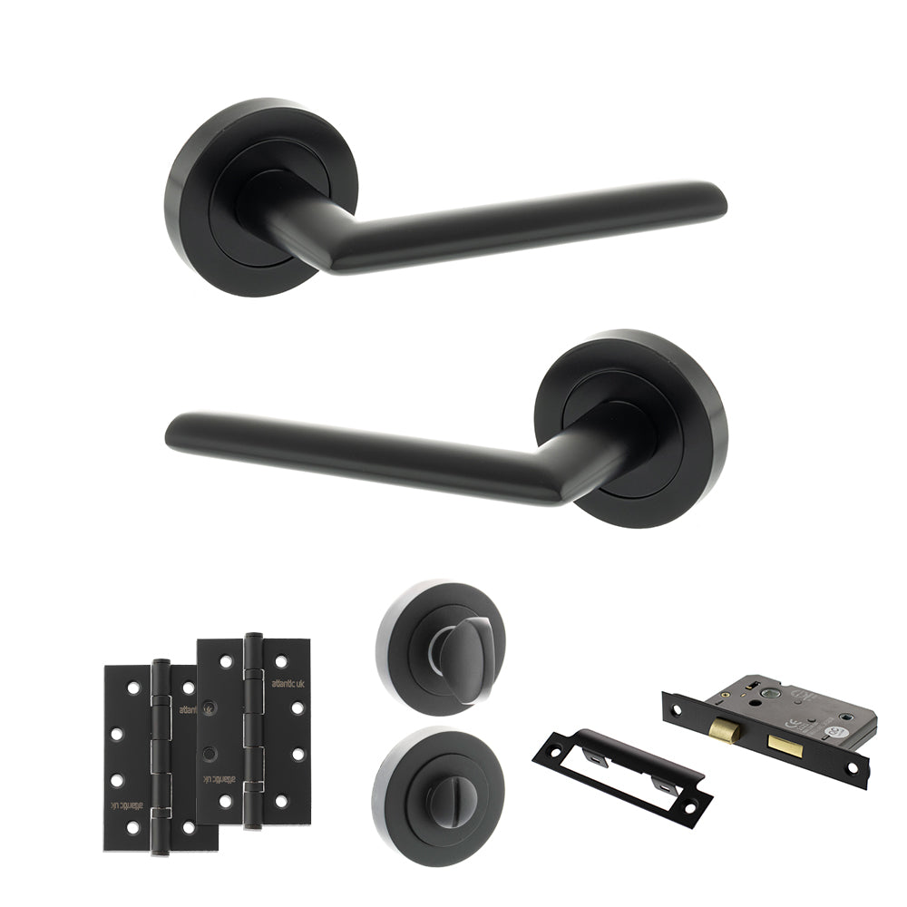 STATUS Alabama Door Handle Pack (Bathroom Set - 3" CE Bathroom Lock, 4" Slim Knuckle Hinges x2) - Matt Black