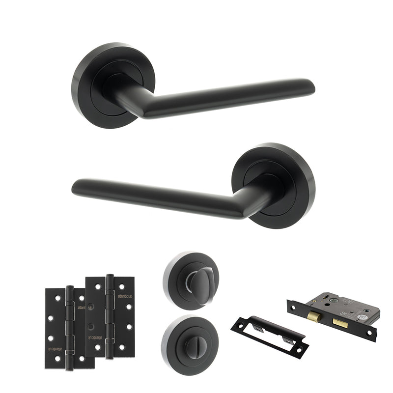 STATUS Alabama Door Handle Pack (Bathroom Set - 3" CE Bathroom Lock, 4" Slim Knuckle Hinges x2) - Matt Black