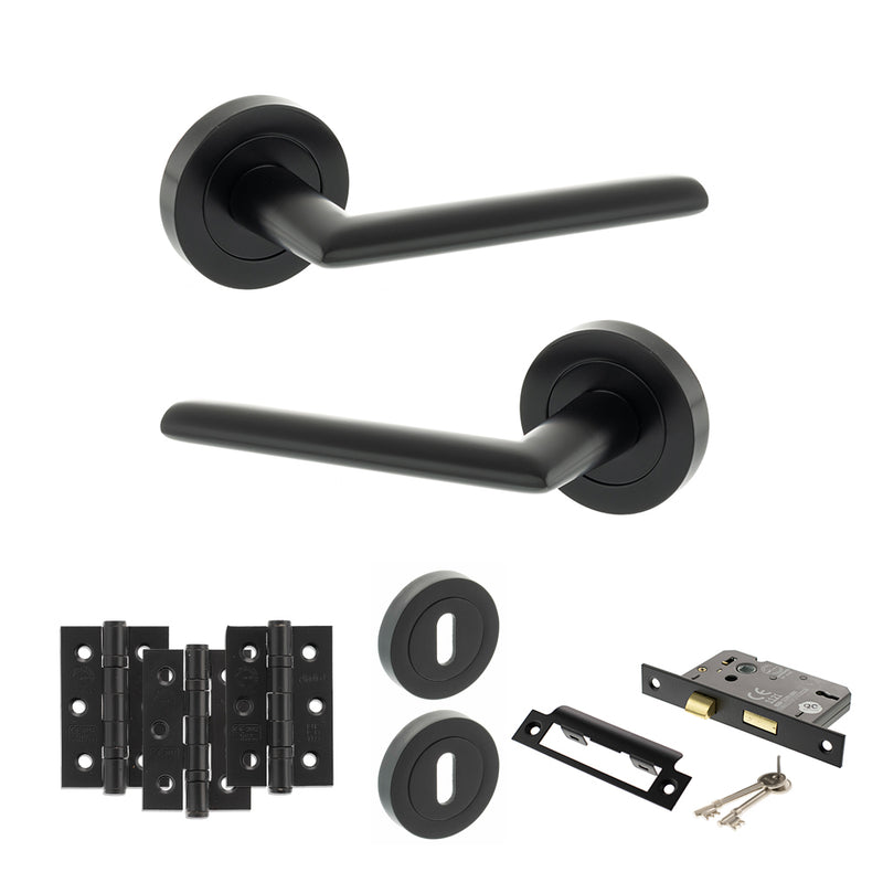 STATUS Alabama Door Handle Pack (3 Lever Lock Set - 3" CE Sashlock, 3" Premium Hinges x3) - Matt Black