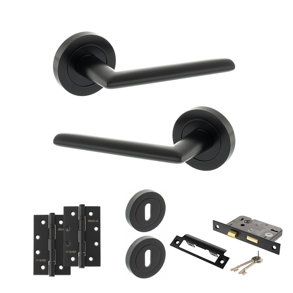 STATUS Alabama Door Handle Pack (3 Lever Lock Set - 2.5" CE Sashlock, 4" Slim Knuckle Hinges x2) - Matt Black