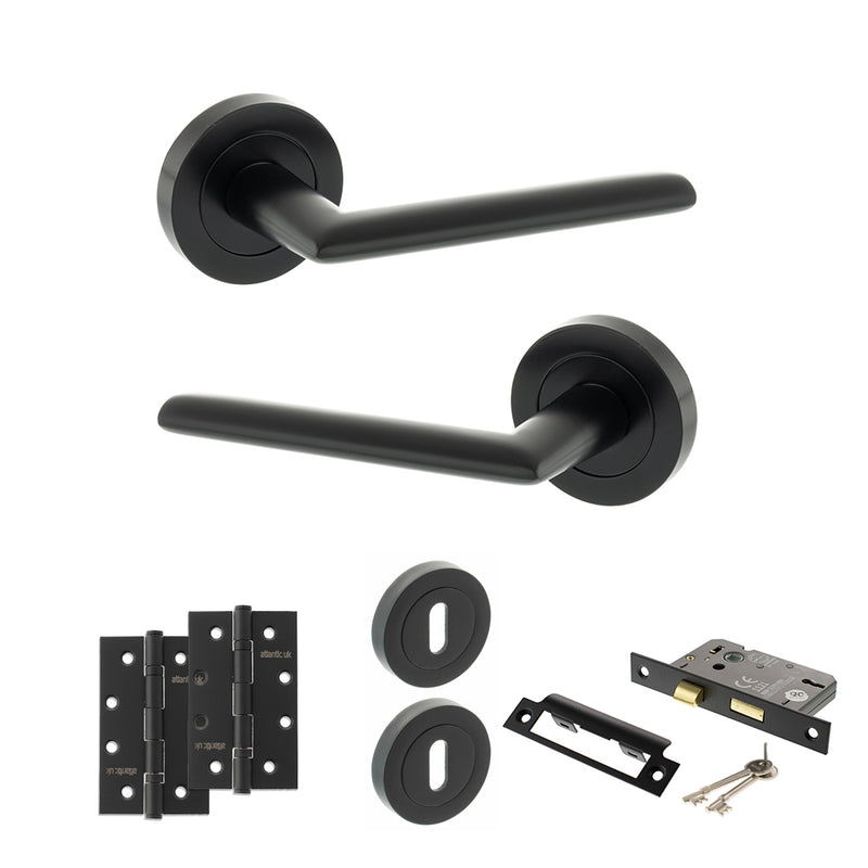 STATUS Alabama Door Handle Pack (3 Lever Lock Set - 2.5" CE Sashlock, 4" Slim Knuckle Hinges x2) - Matt Black