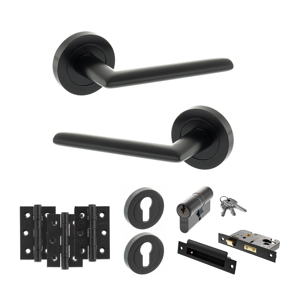 STATUS Alabama Door Handle Pack (Euro Lock Set - 3" CE Sashlock, 3" Premium Hinges x3) - Matt Black